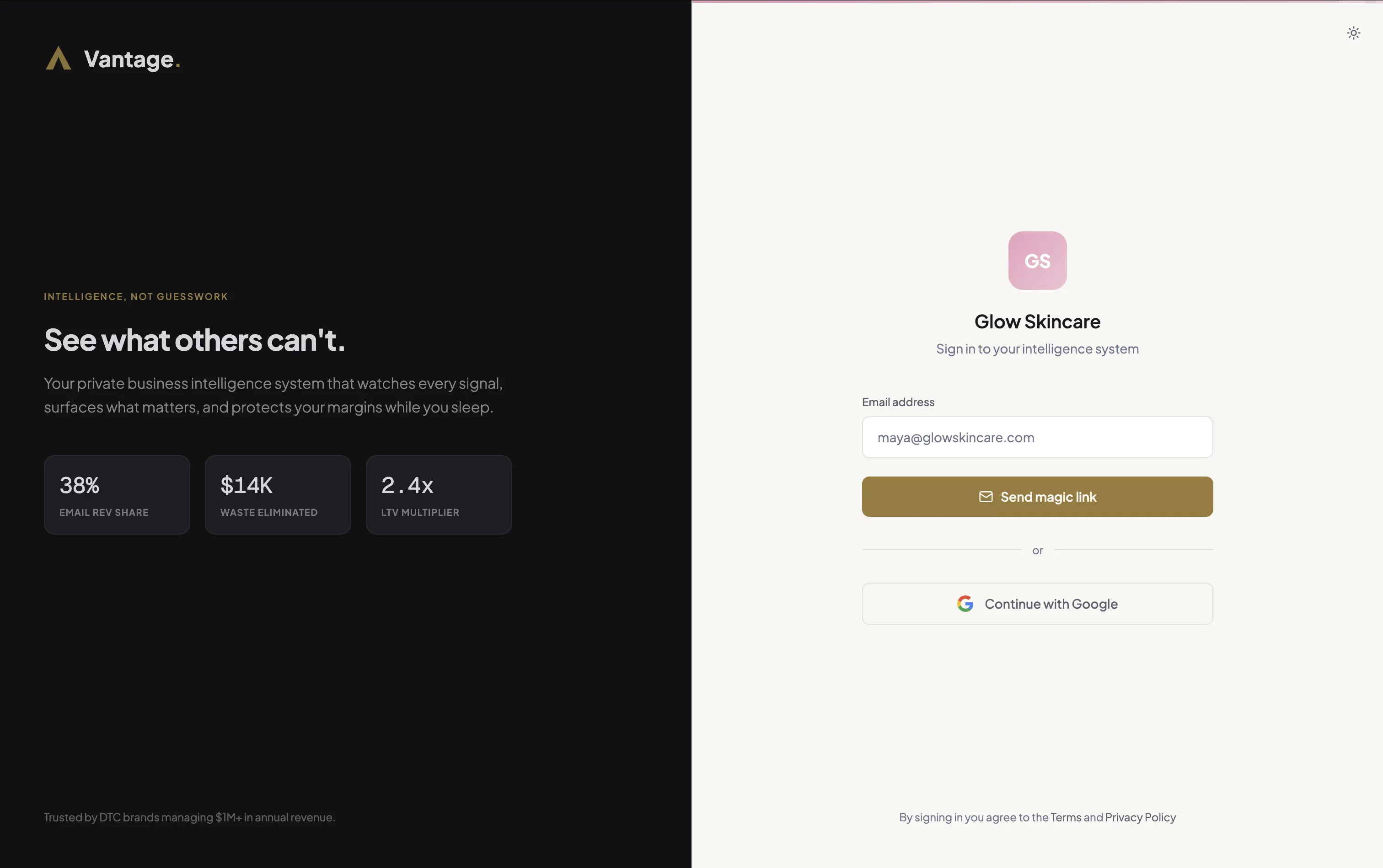 Vantage login screen with brand panel and magic link authentication